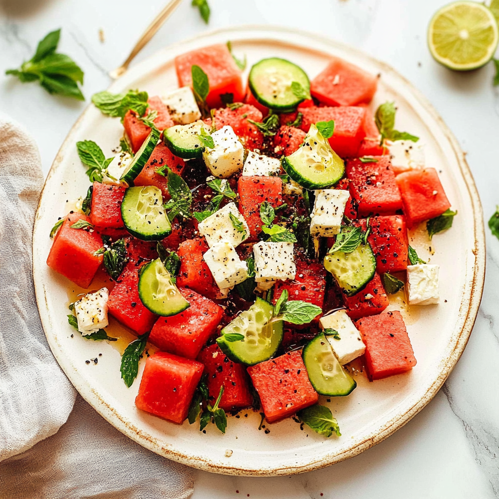 Recipe preparation for Watermelon Salad with Whipped Feta