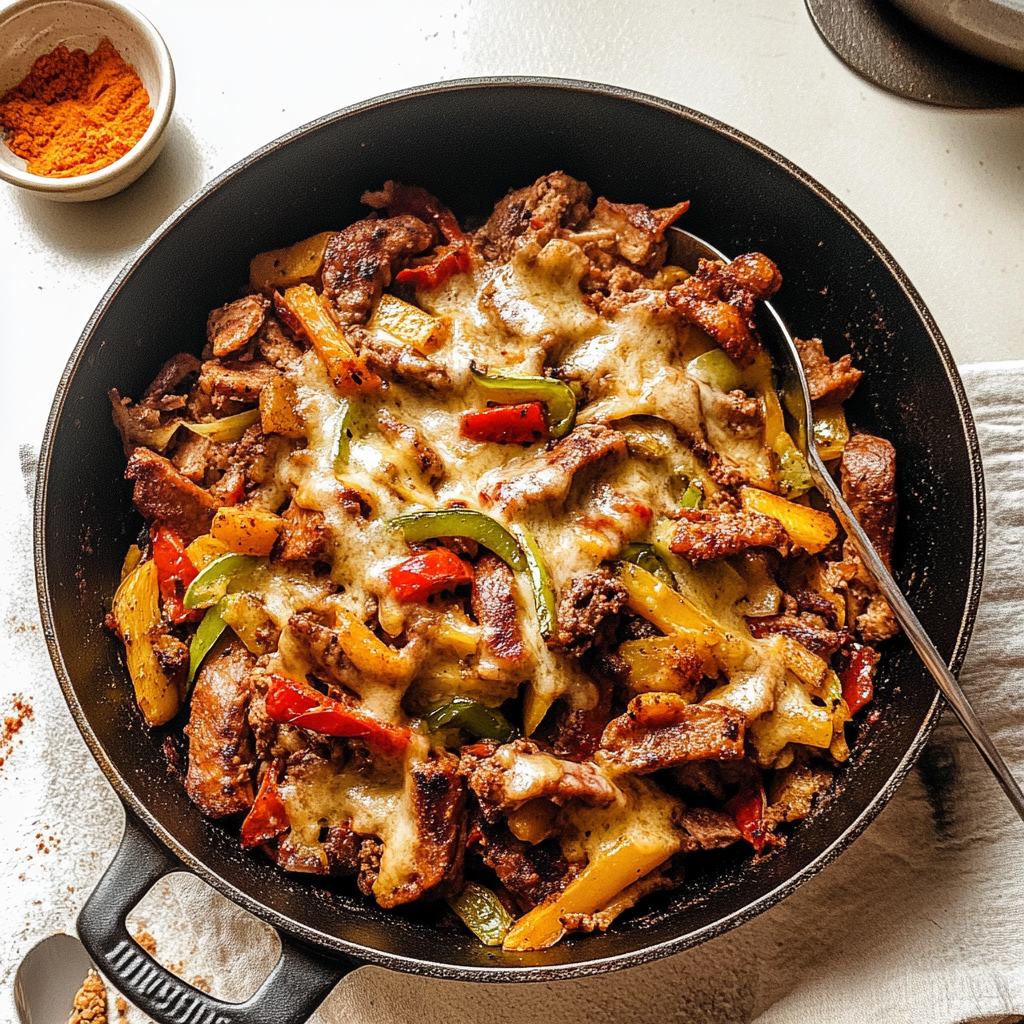 Recipe preparation for Zesty Philly Cheesesteak Skillet