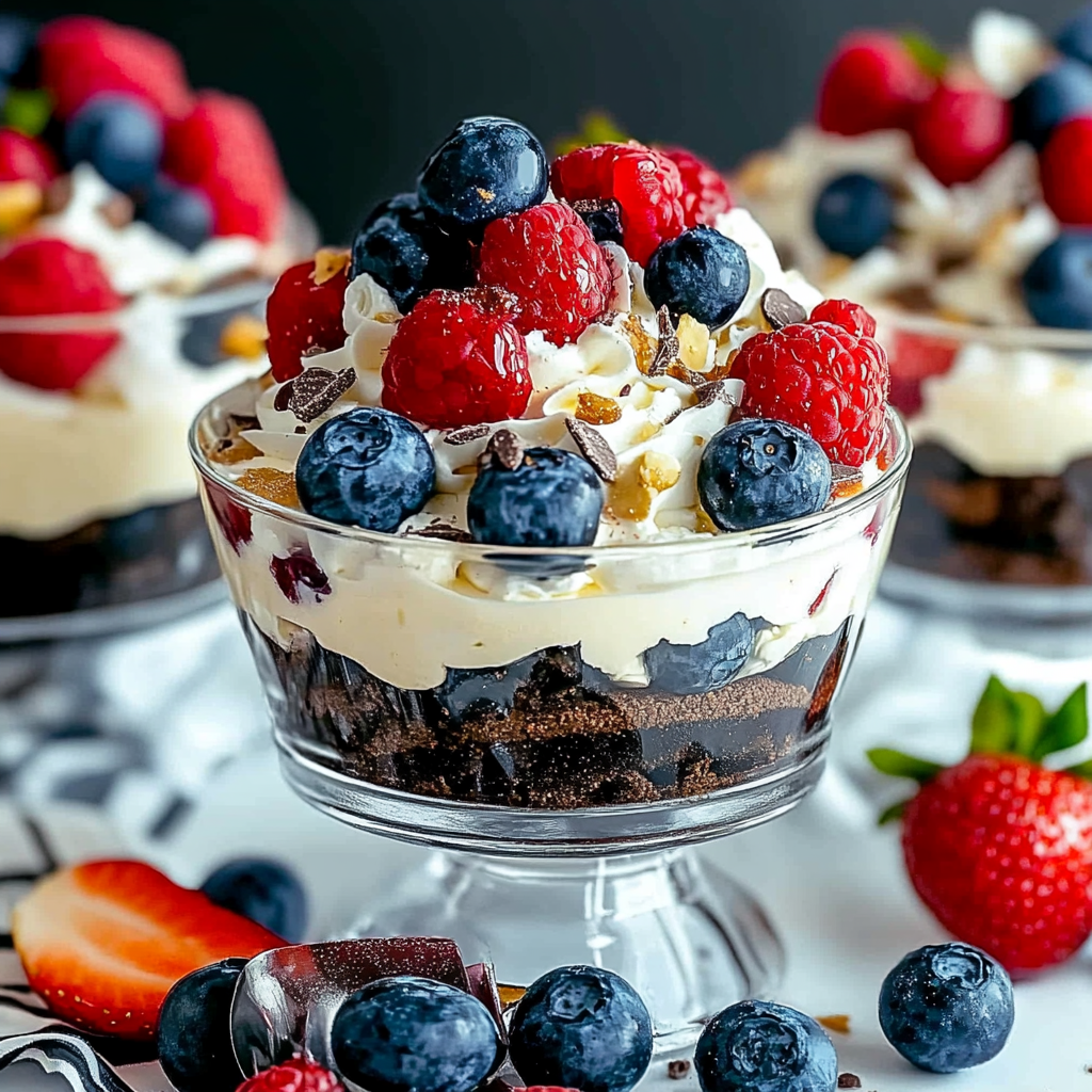 Recipe preparation for Oreo Trifle with Blueberries and Strawberries