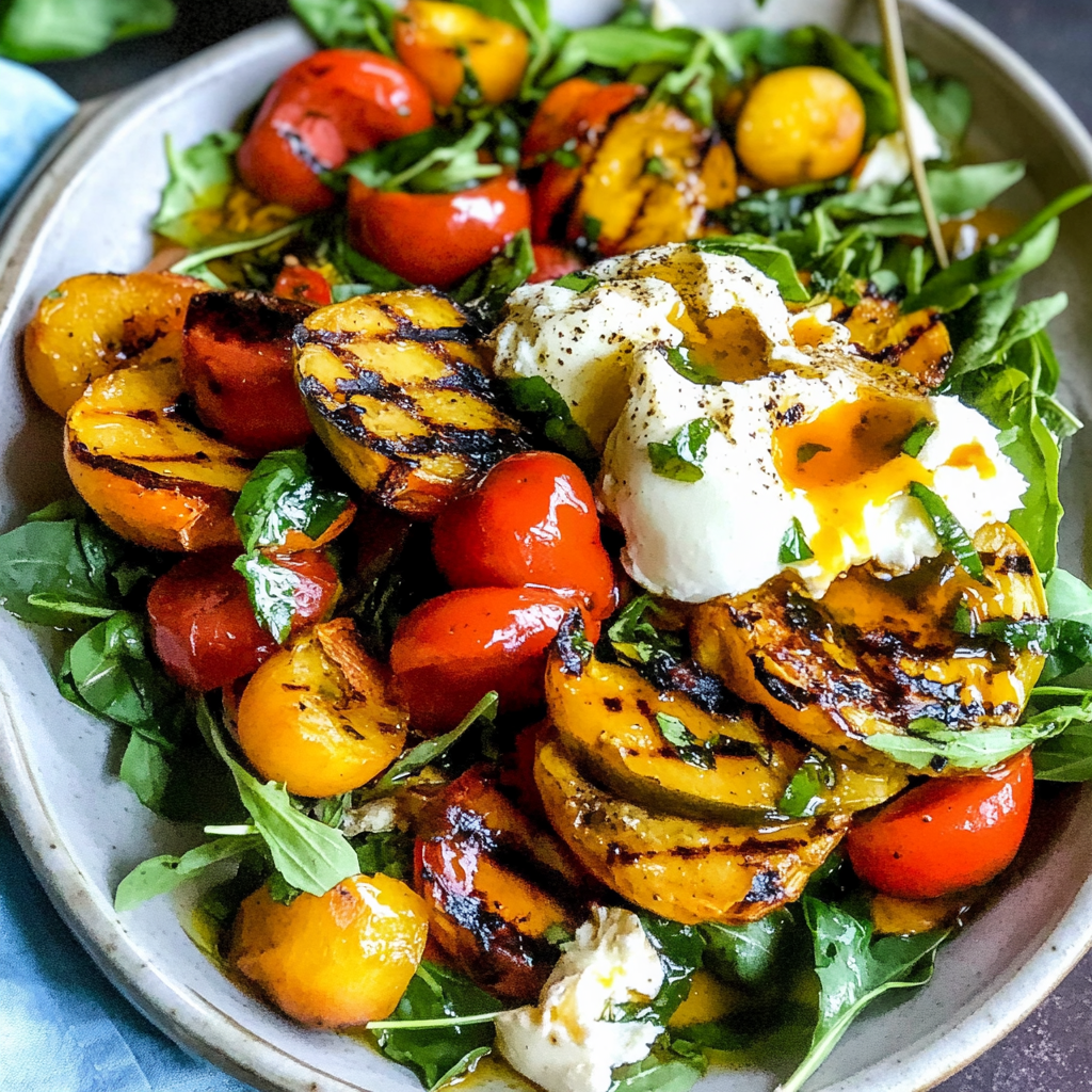 Recipe preparation for Grilled Peach Burrata Salad