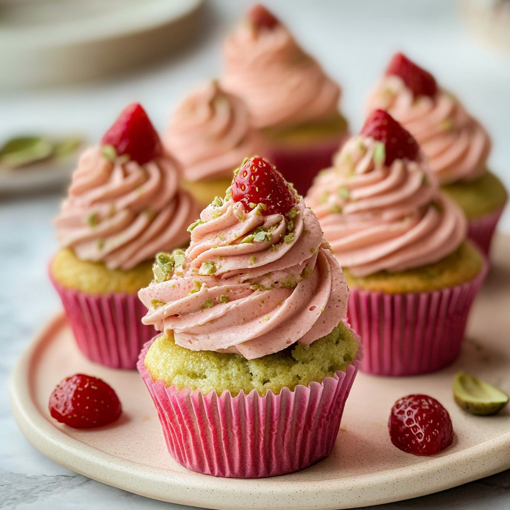 Recipe preparation for Pistachio Cupcakes with Strawberry Buttercream