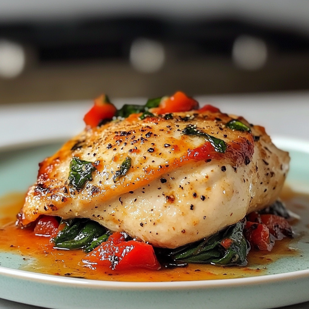 Recipe preparation for Roasted Pepper Spinach Chicken