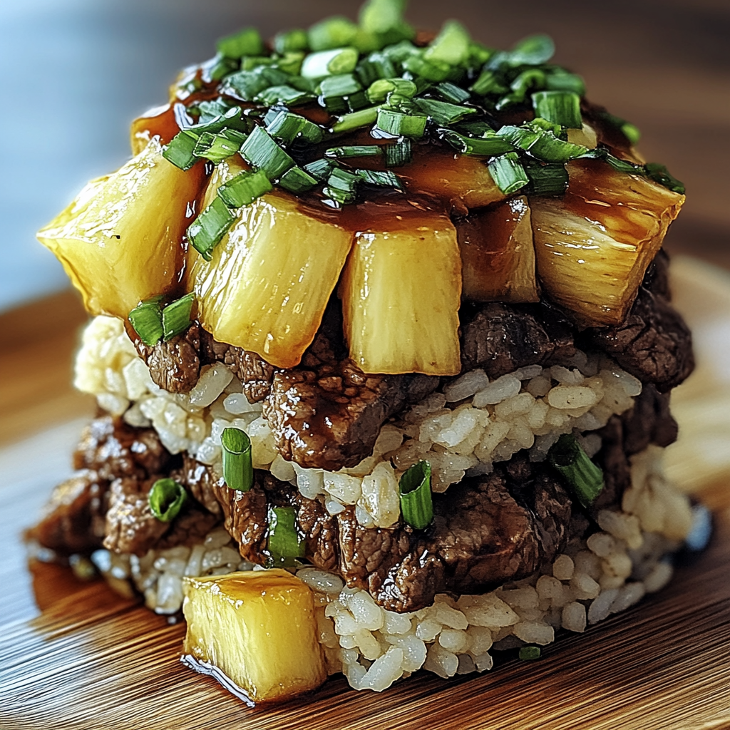 Recipe preparation for Teriyaki Beef Pineapple Rice Stack