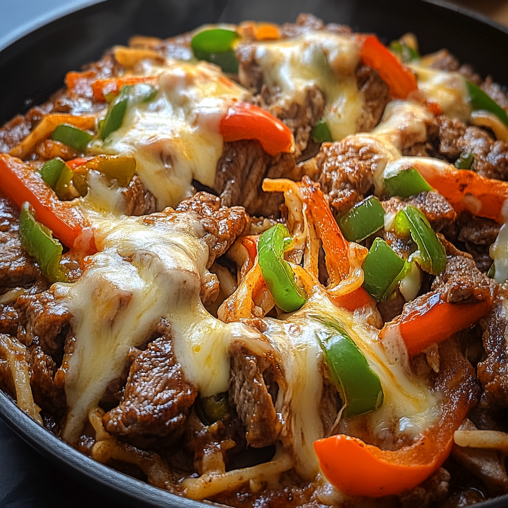 Recipe preparation for Queso Steak Fajita Skillet