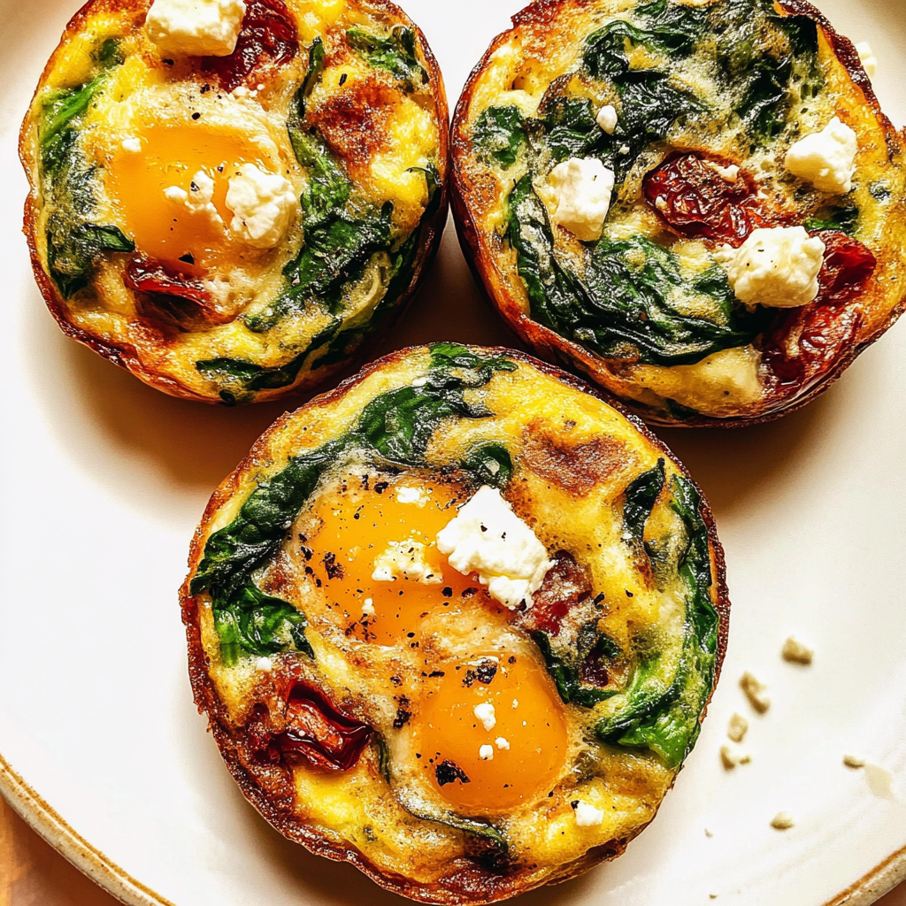 Recipe preparation for Spinach, Feta, and Sun-Dried Tomato Egg Muffin