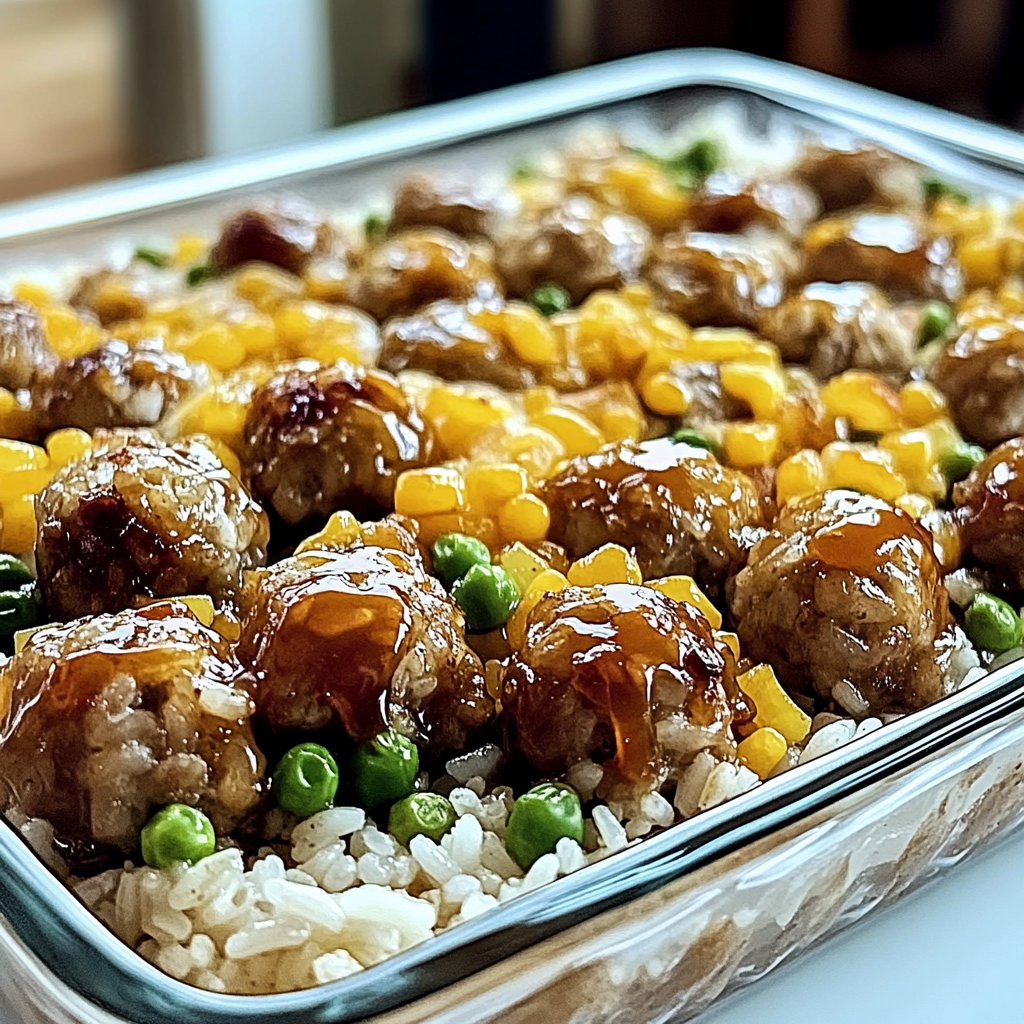 Recipe preparation for Honey Garlic Meatball Rice Bake