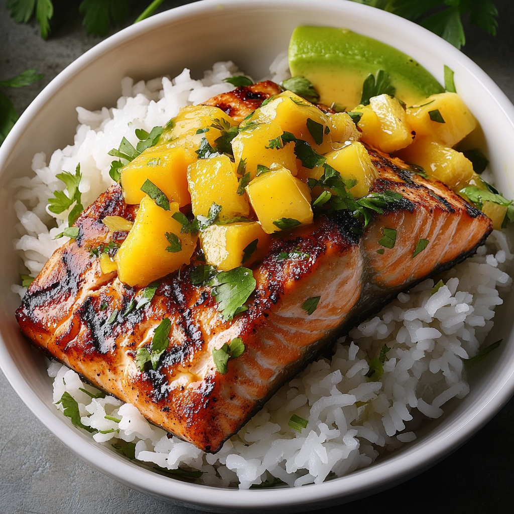 Recipe preparation for Grilled Salmon Mango Coconut Rice