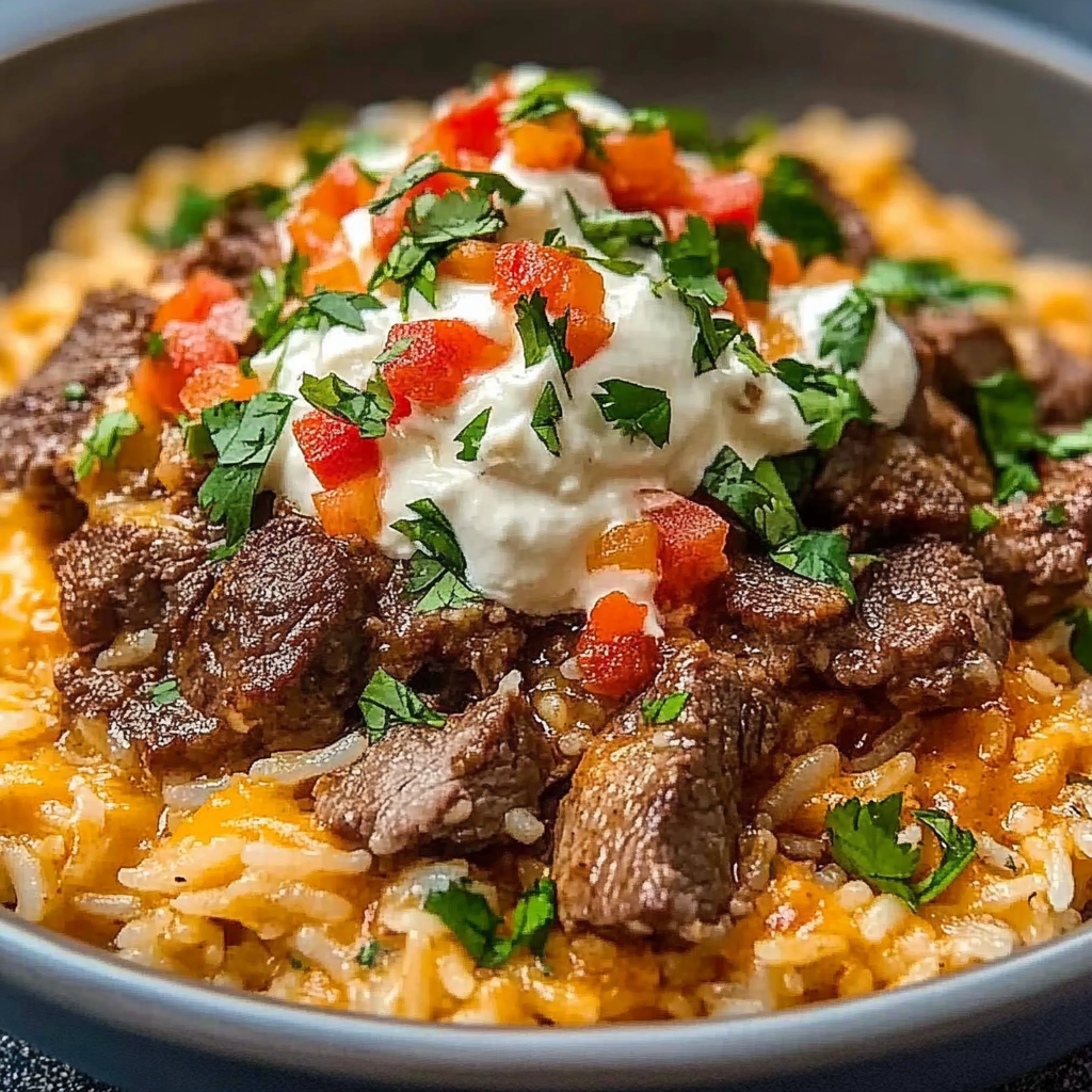 Recipe preparation for Steak Queso Rice Delight