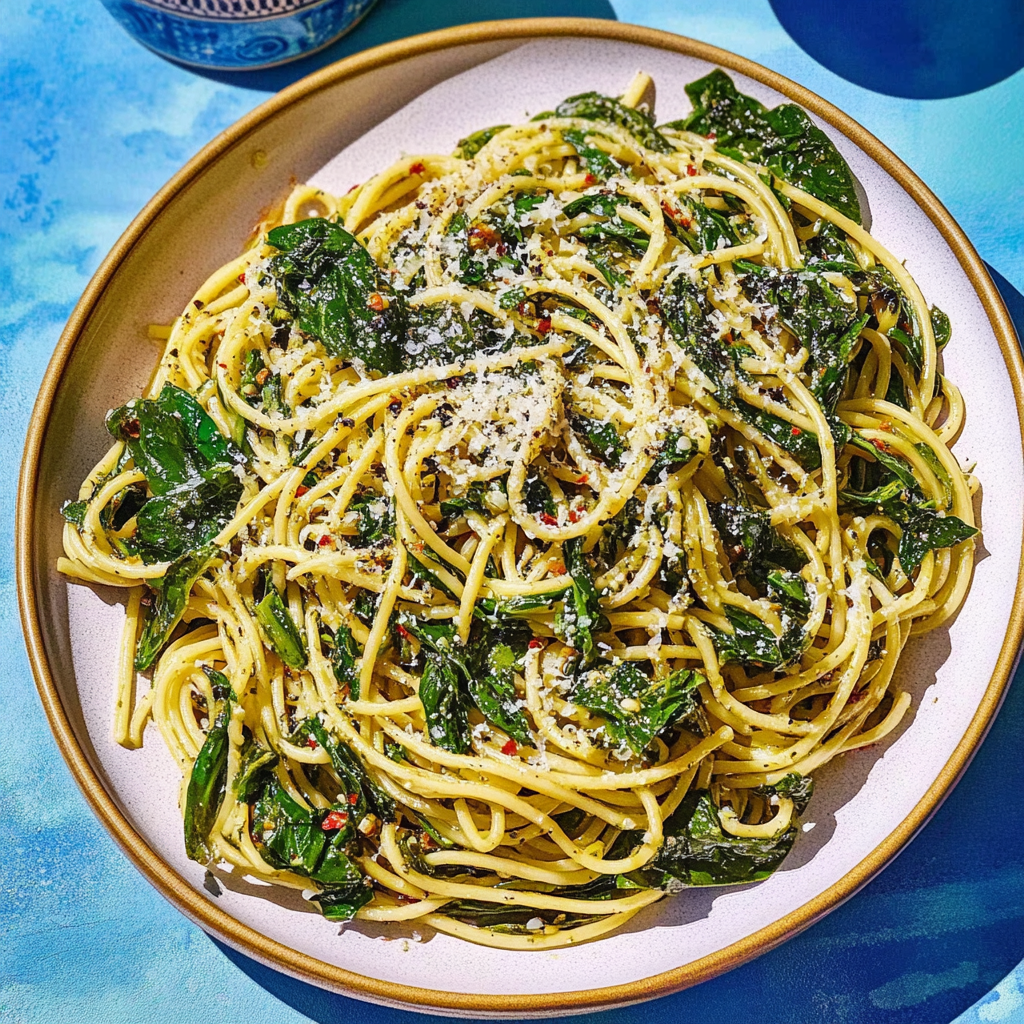 Recipe preparation for Spaghetti with Garlic & Spinach