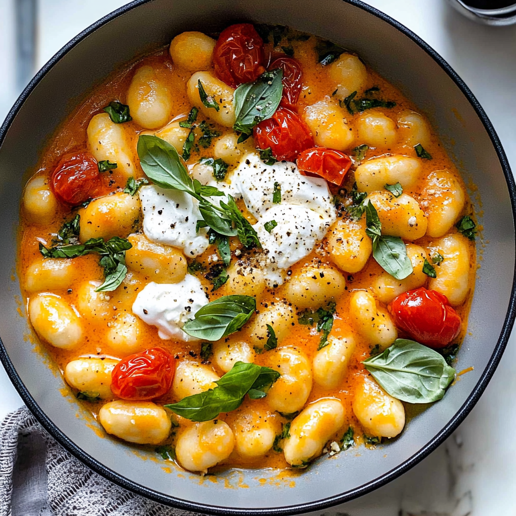 Recipe preparation for Creamy Tomato Gnocchi with Burrata