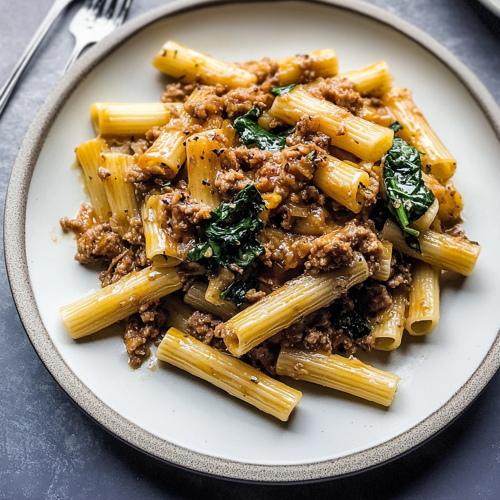 Recipe preparation for Savory Sausage and Kale Rigatoni