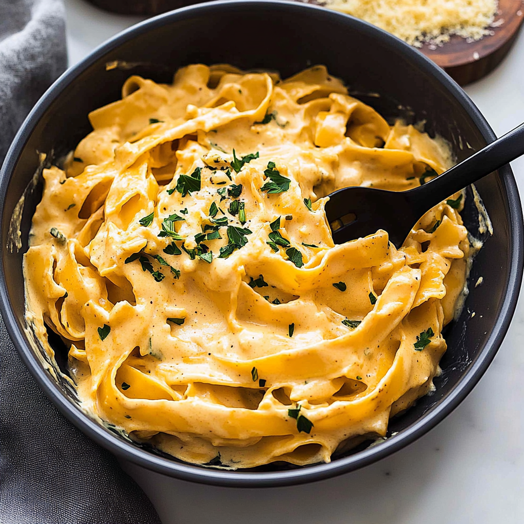 Recipe preparation for Creamy Pumpkin Alfredo Pasta