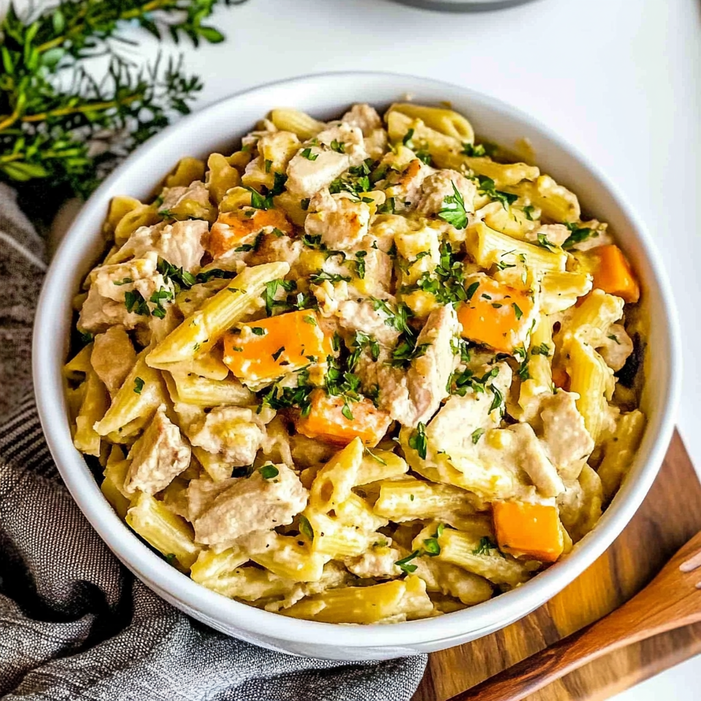 Recipe preparation for Instant Pot Chicken Pot Pie Pasta