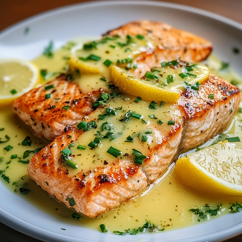 Recipe preparation for Salmon with Garlic Lemon Butter Sauce