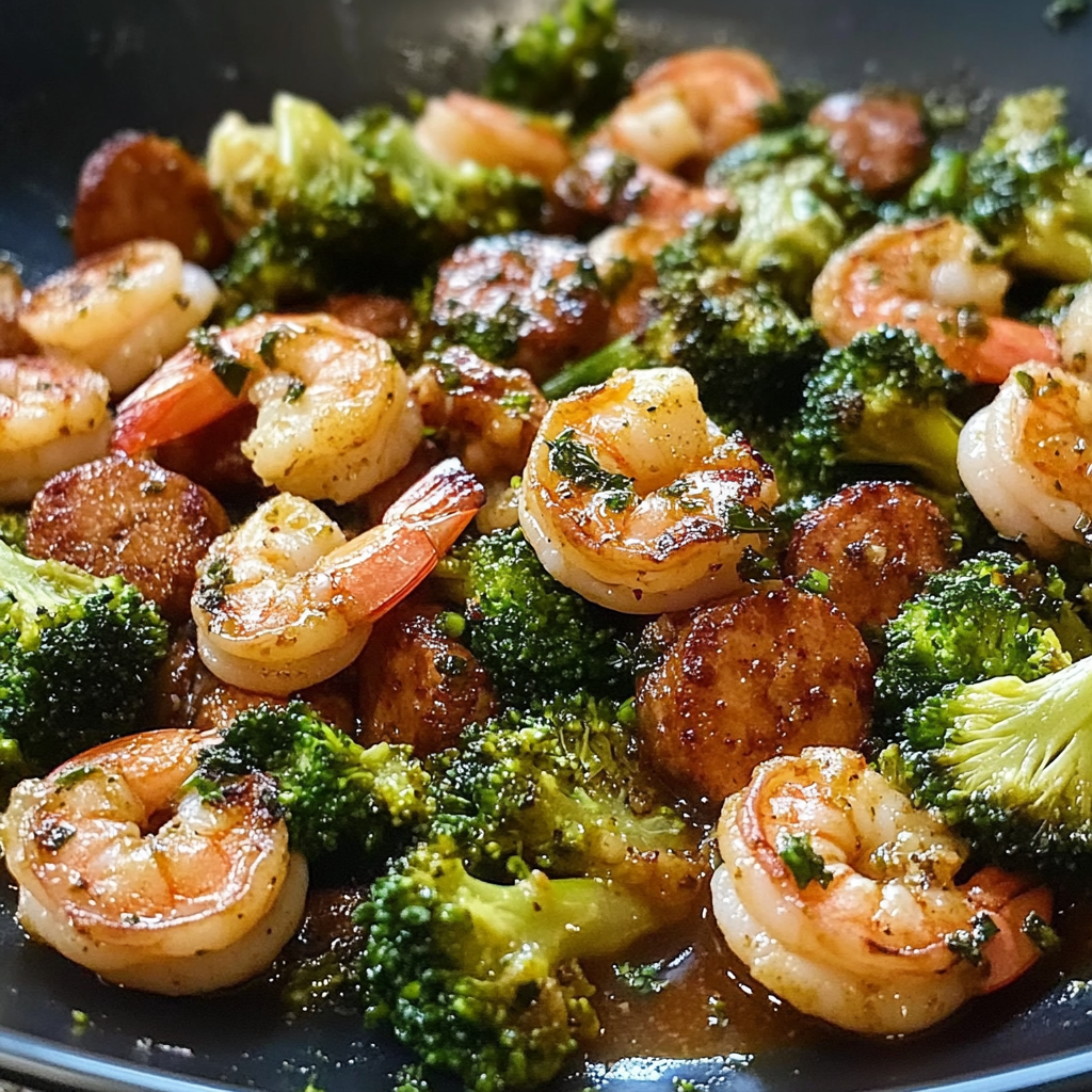Recipe preparation for Honey Garlic Shrimp and Sausage with Broccoli