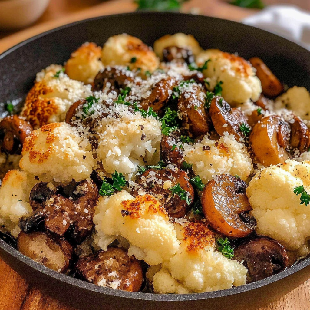 Recipe preparation for Garlic Cauliflower Mushroom Skillet