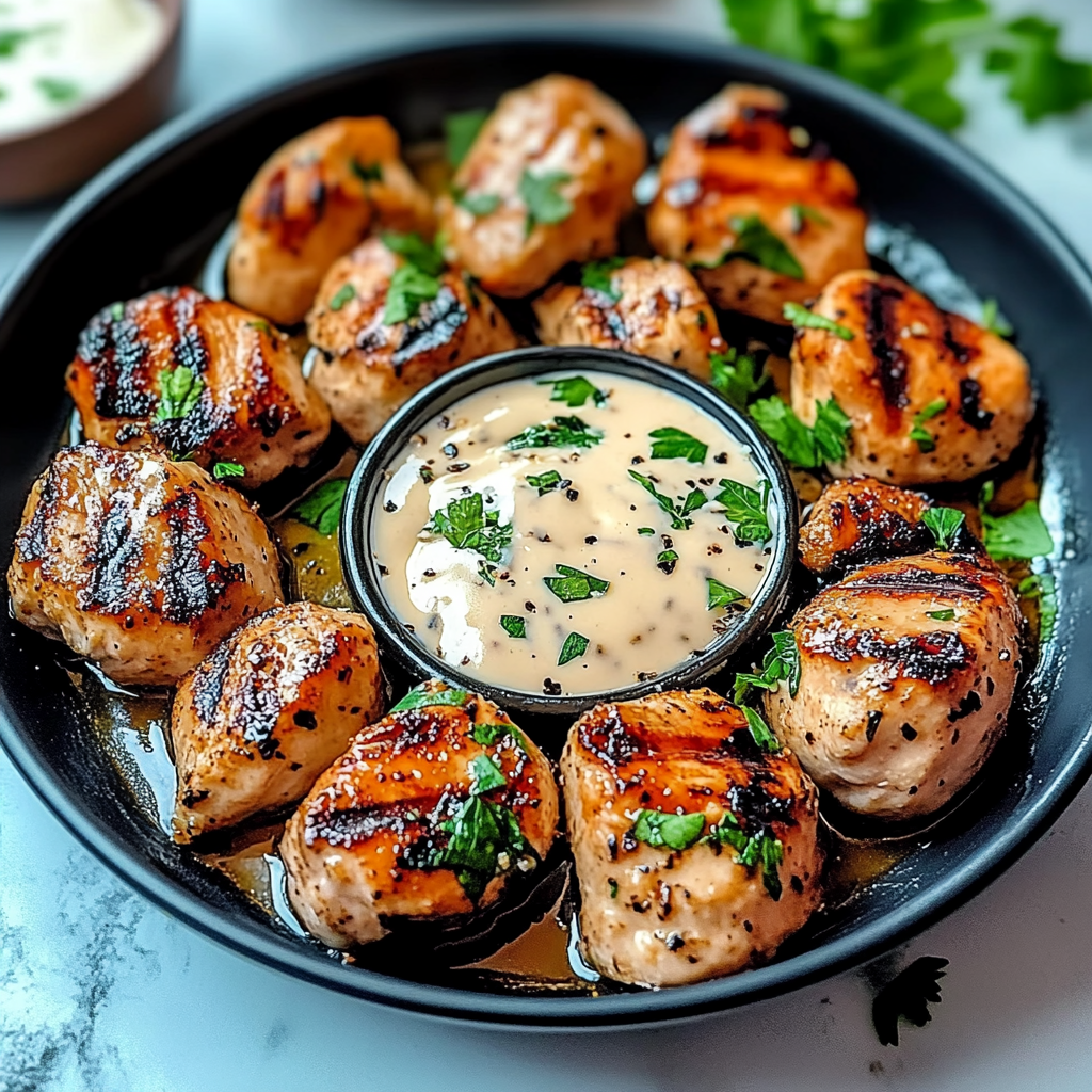 Recipe preparation for Grilled Chicken Bites with Creamy Garlic Sauce