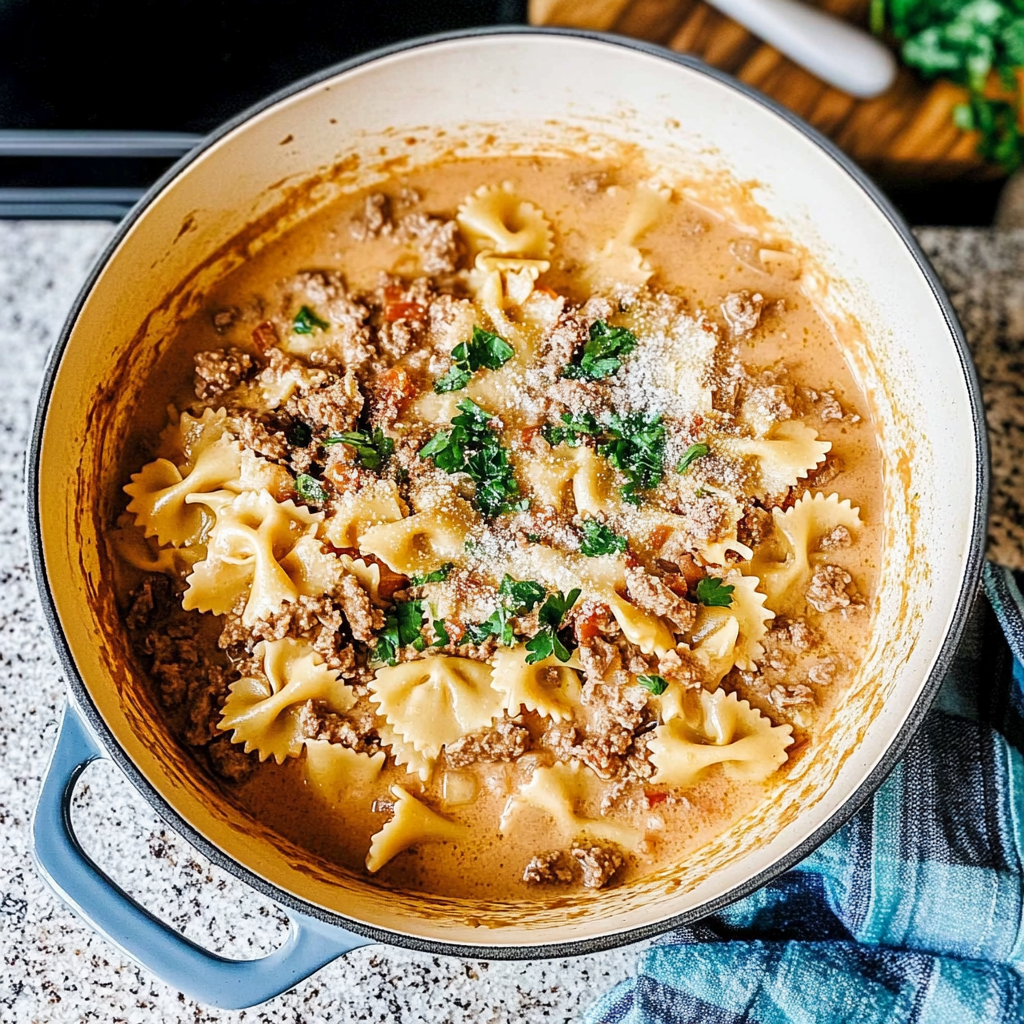 Recipe preparation for Creamy Parmesan Garlic Beef Bowtie Pasta