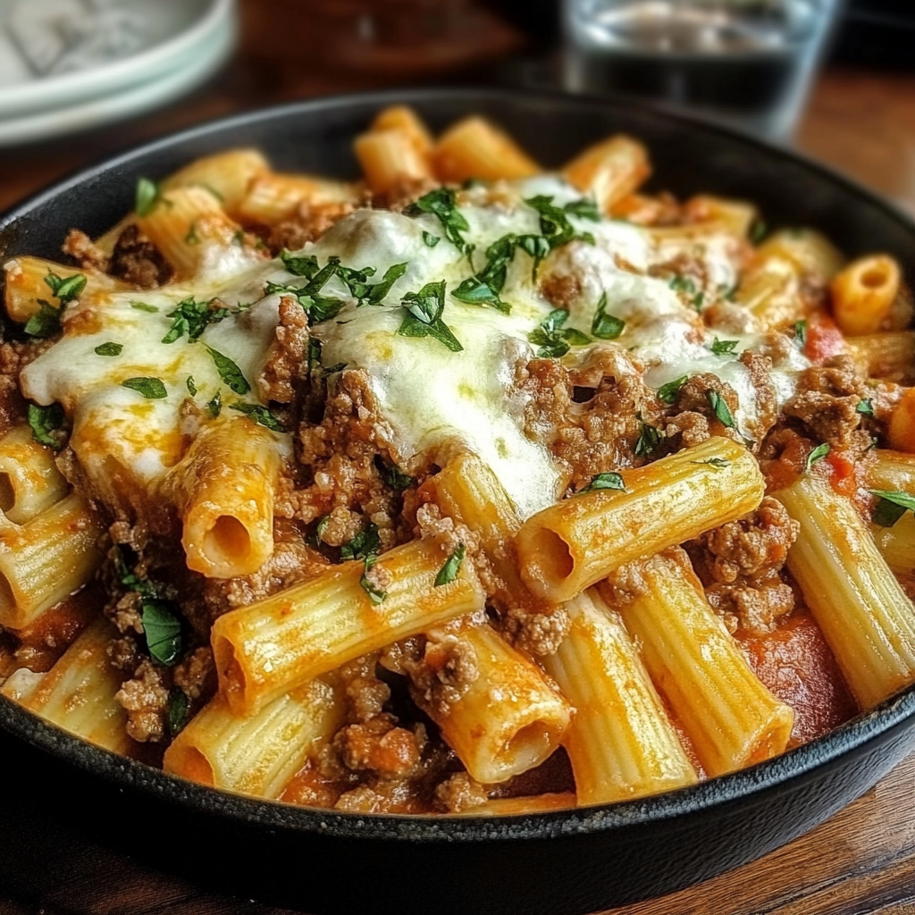 Recipe preparation for Cheesy Beef and Italian Sausage Rigatoni in Garlic Butter Sauce