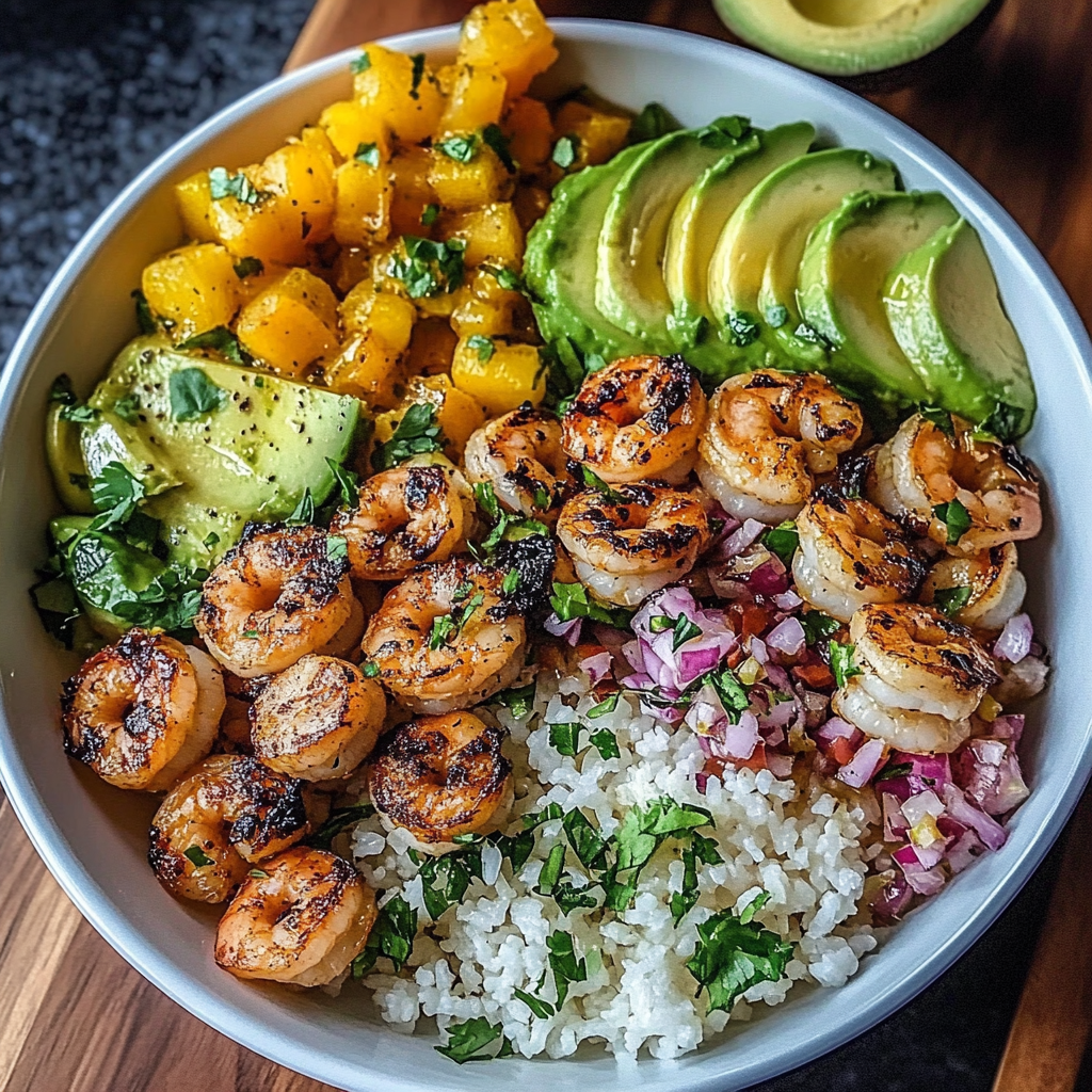 Recipe preparation for Mediterranean Shrimp Avocado Bowls