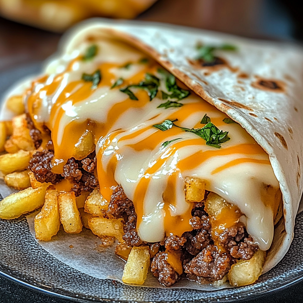 Recipe preparation for Beefy Cheesy Fries Burrito