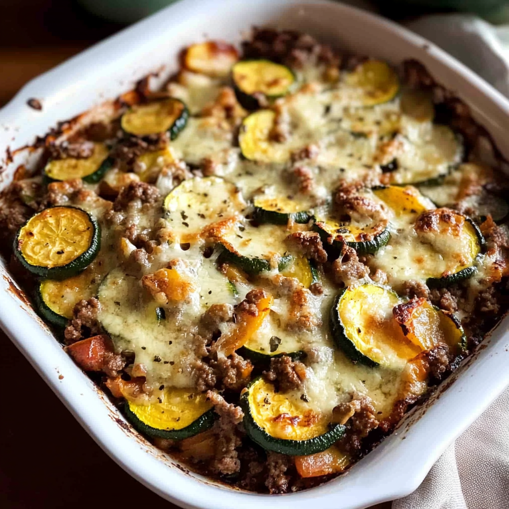 Recipe preparation for Low-Carb Ground Beef Zucchini Bake