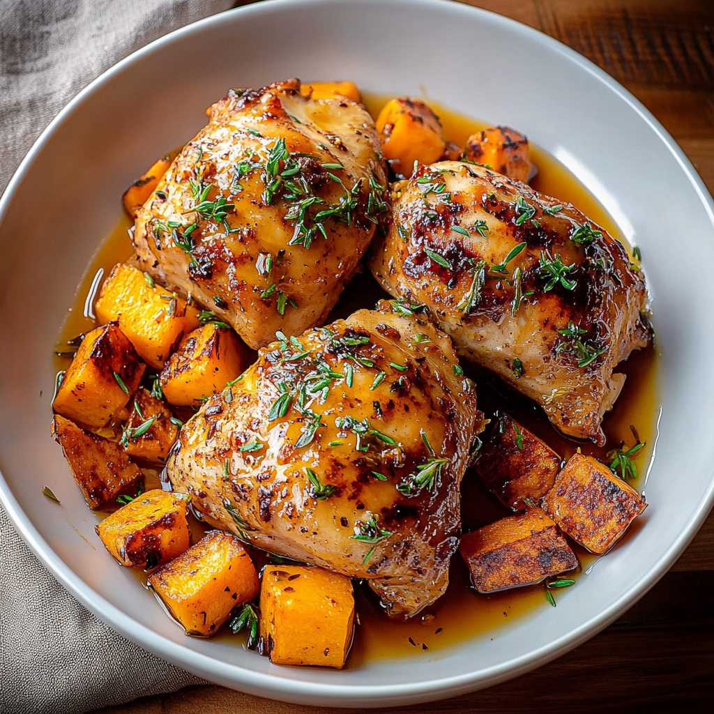 Recipe preparation for Maple-Glazed Chicken with Sweet Potatoes
