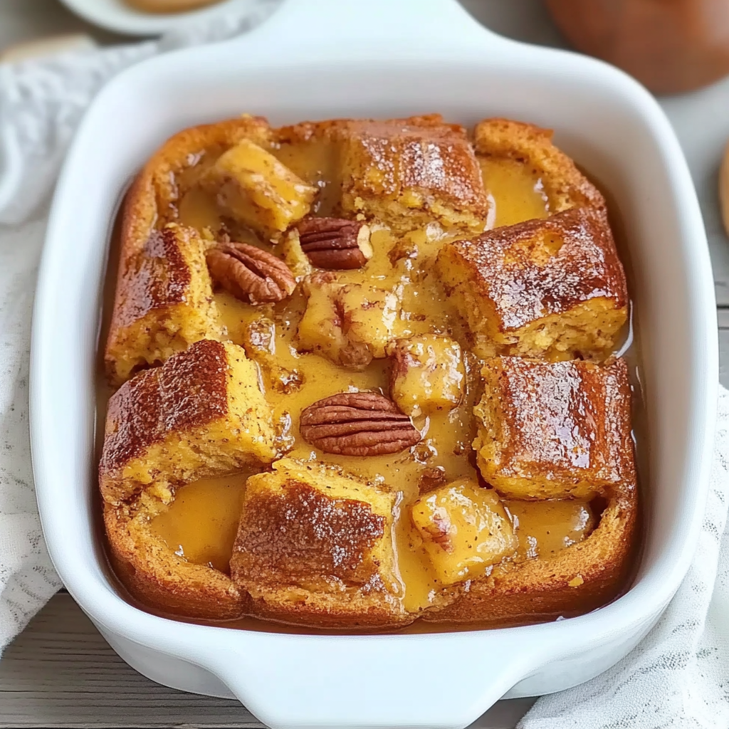 Recipe preparation for Pecan Baked Pumpkin Maple French Toast