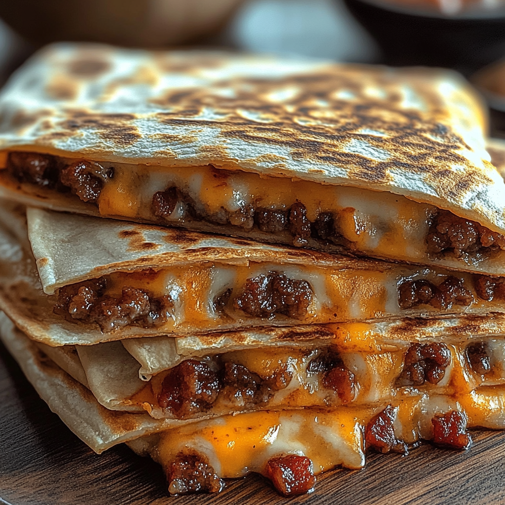 Recipe preparation for Maple Bacon Cheeseburger Quesadillas
