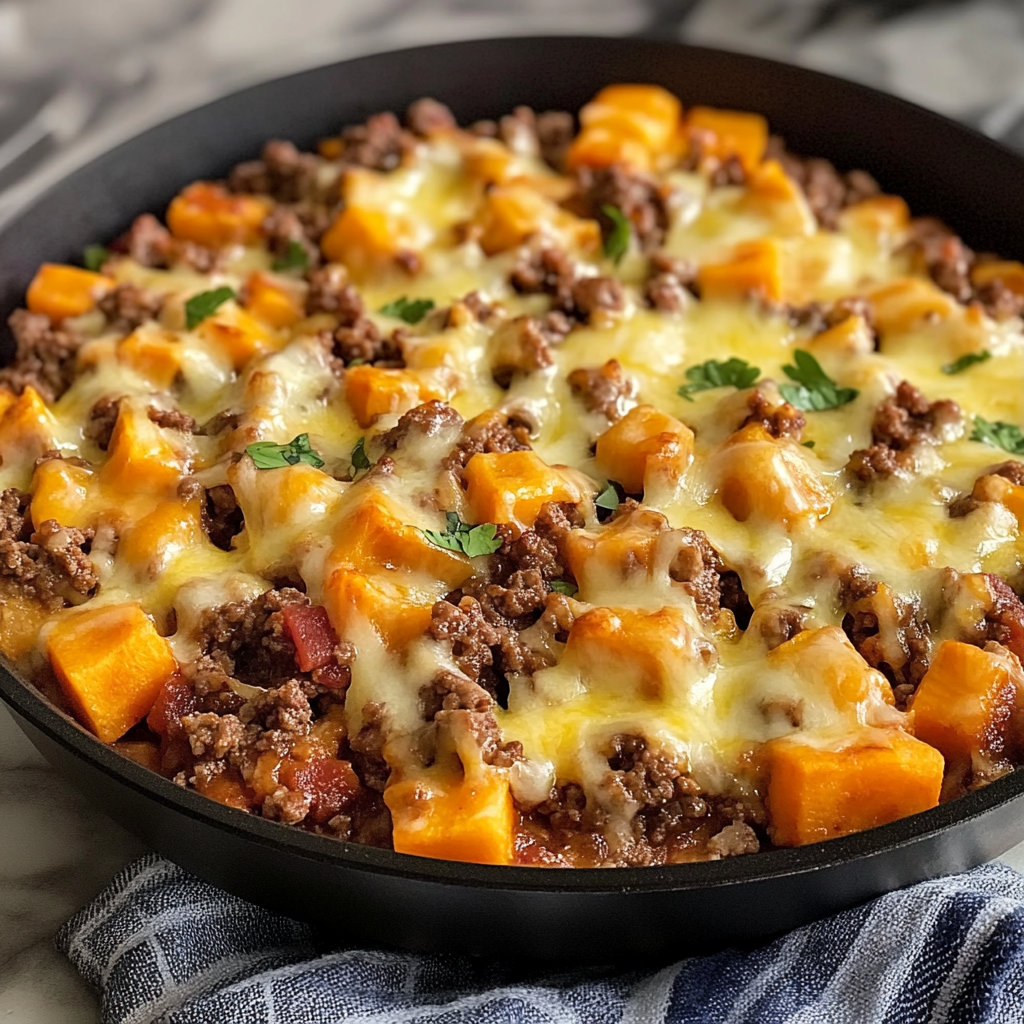 Recipe preparation for Cheesy Tex-Mex Ground Beef & Sweet Potato Skillet