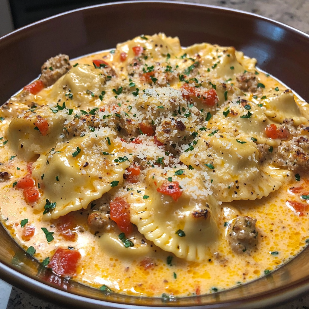Recipe preparation for Creamy Cajun Sausage Ravioli
