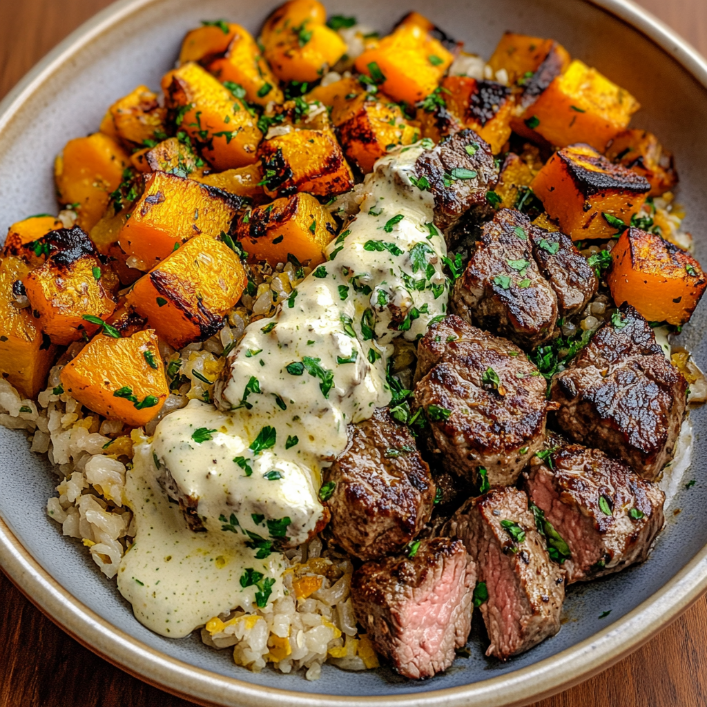 Recipe preparation for Butternut Squash & Garlic Herb Steak Bowls