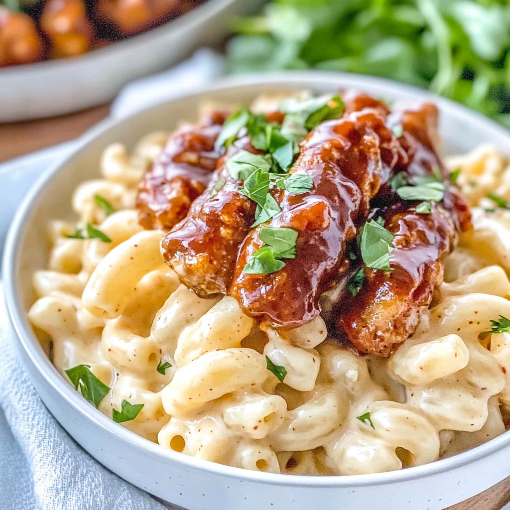 Recipe preparation for Copycat Applebee’s Honey Pepper Chicken Mac and Cheese