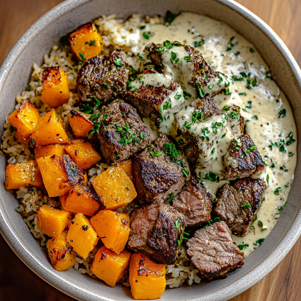 Recipe preparation for Butternut Squash & Garlic Herb Steak Bowls