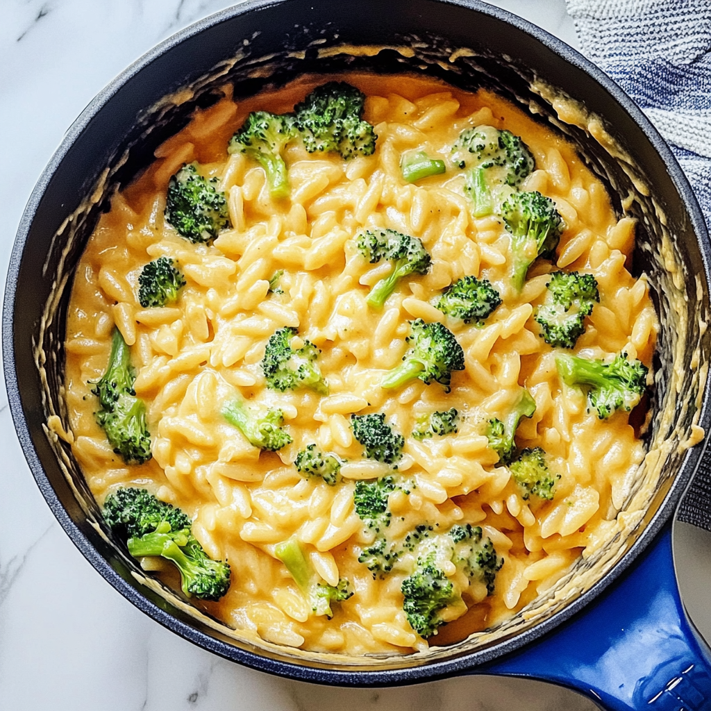 Recipe preparation for One-Pot Creamy Broccoli Cheddar Orzo