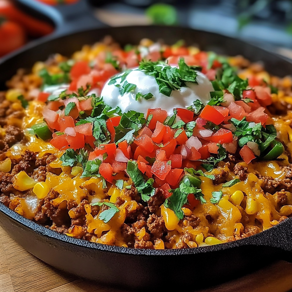 Recipe preparation for Cheesy Taco Skillet with Rice