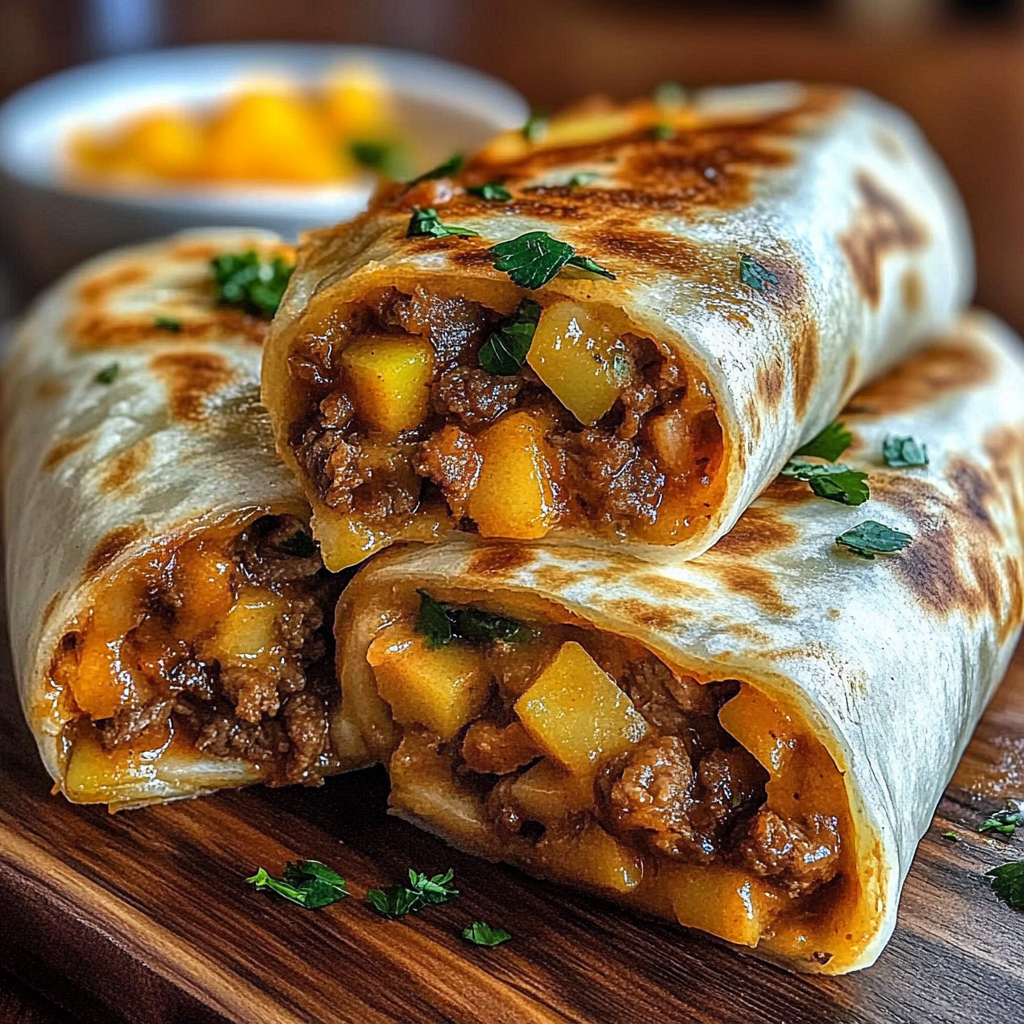 Recipe preparation for Cheesy Potato Burritos with Beef