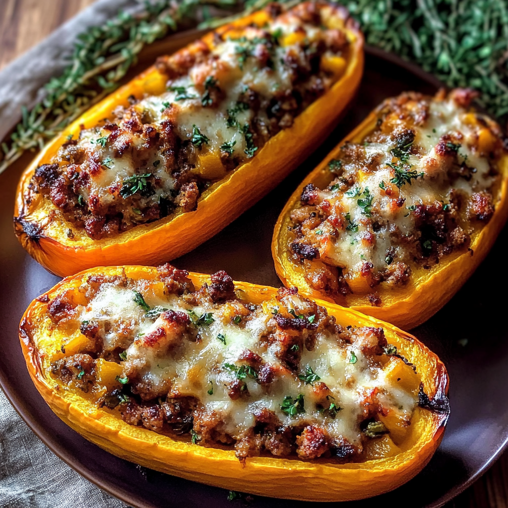 Recipe preparation for Sausage and Apple Stuffed Butternut Squash