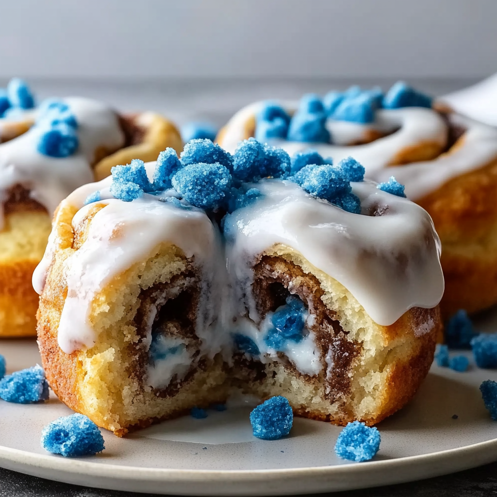 Recipe preparation for Cookie Monster Cinnamon Rolls