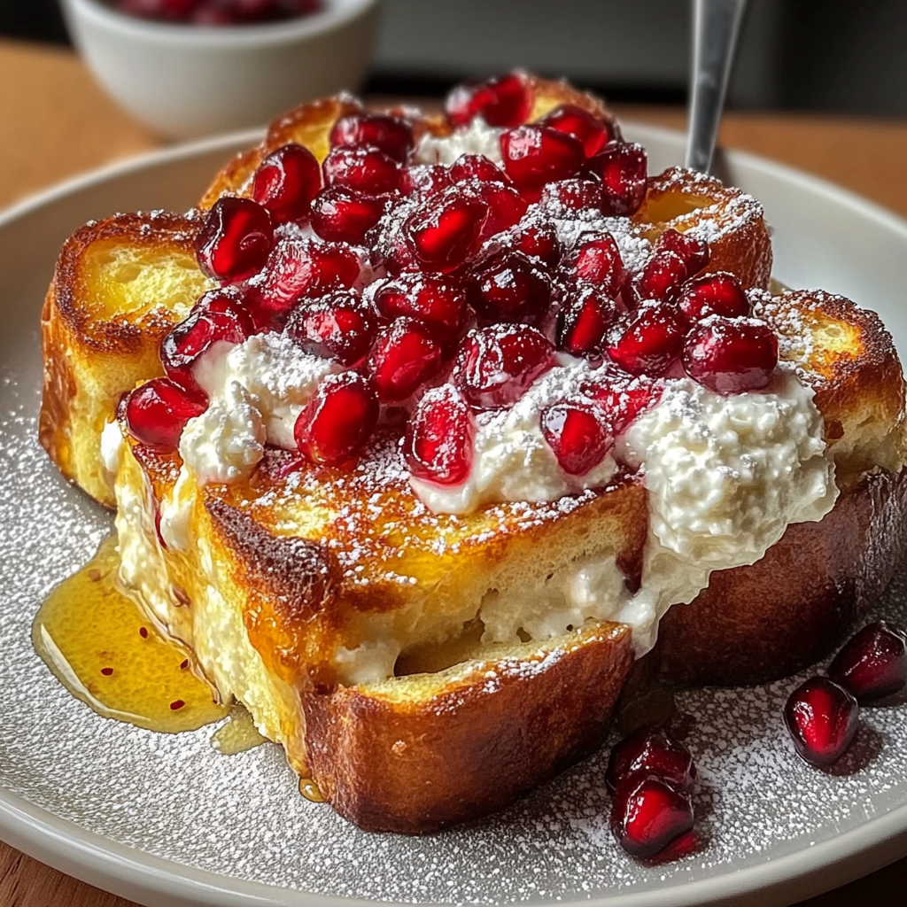 Recipe preparation for Ricotta Pomegranate Baked Toast