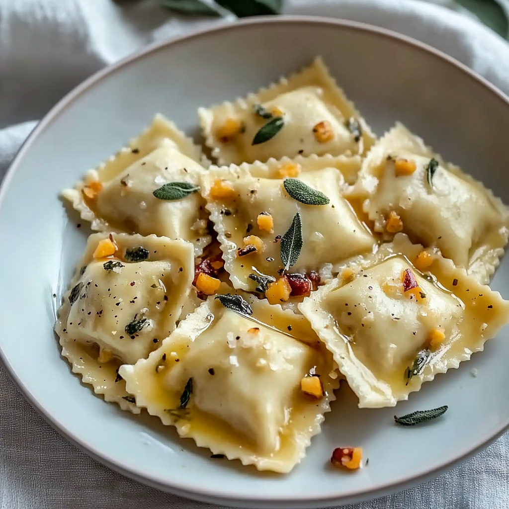 Recipe preparation for Pumpkin Ravioli in Apple Sage Butter Sauce