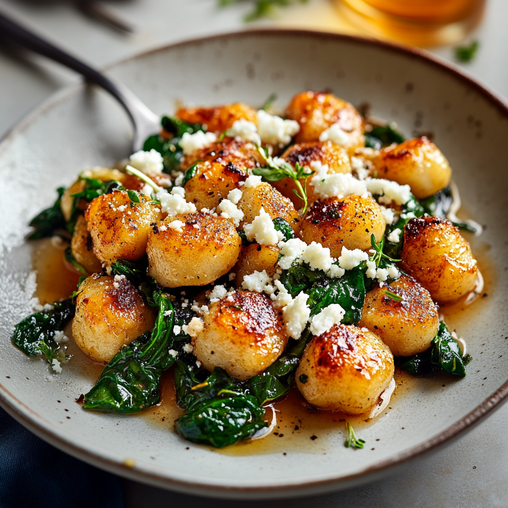 Recipe preparation for Crispy Gnocchi With Spinach And Feta