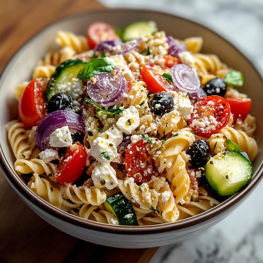 Recipe preparation for Ashley Mac's Greek Pasta Salad