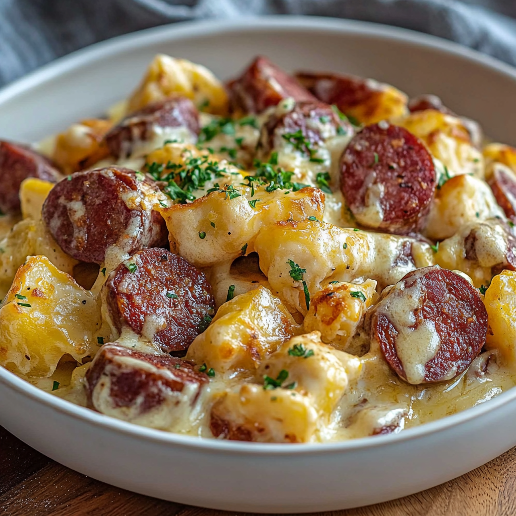 Recipe preparation for Smoky Kielbasa Cheesy Potatoes