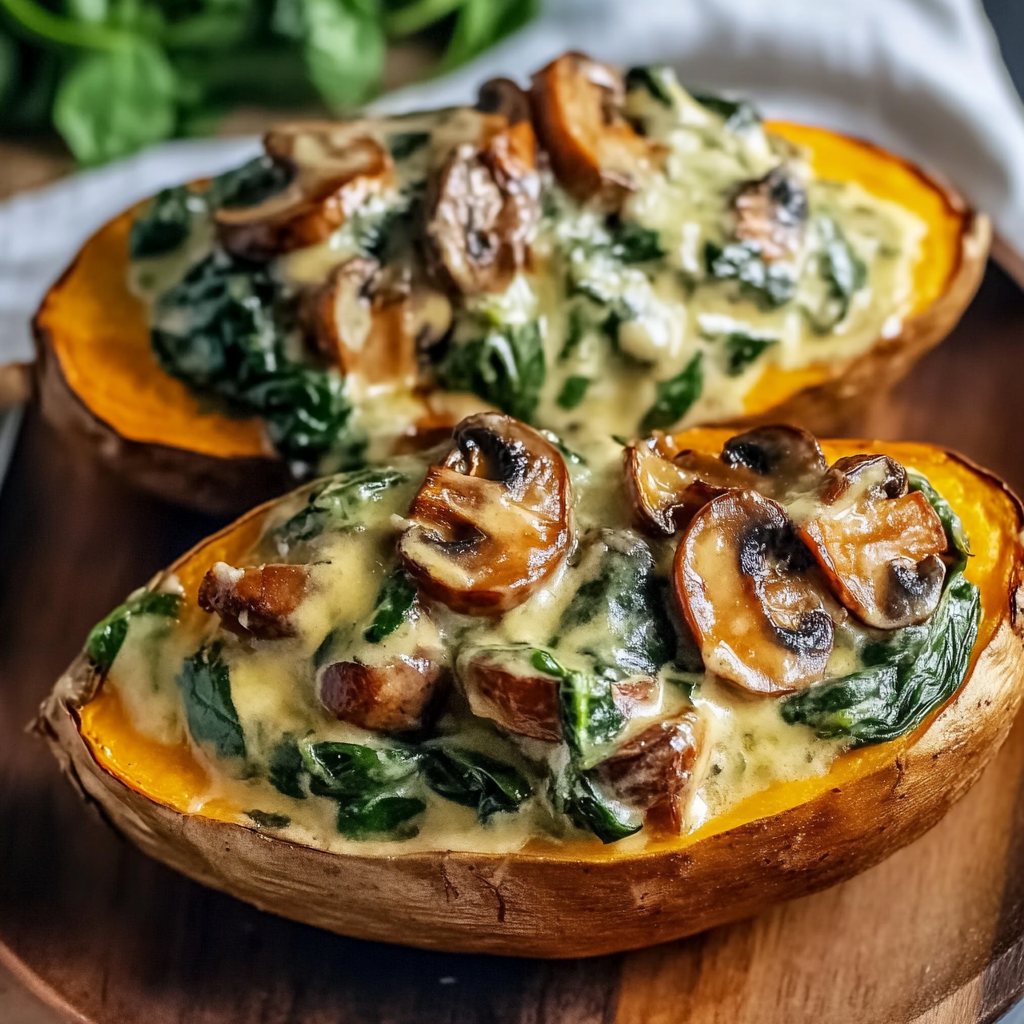 Recipe preparation for Creamy Mushroom and Spinach Stuffed Sweet Potatoes