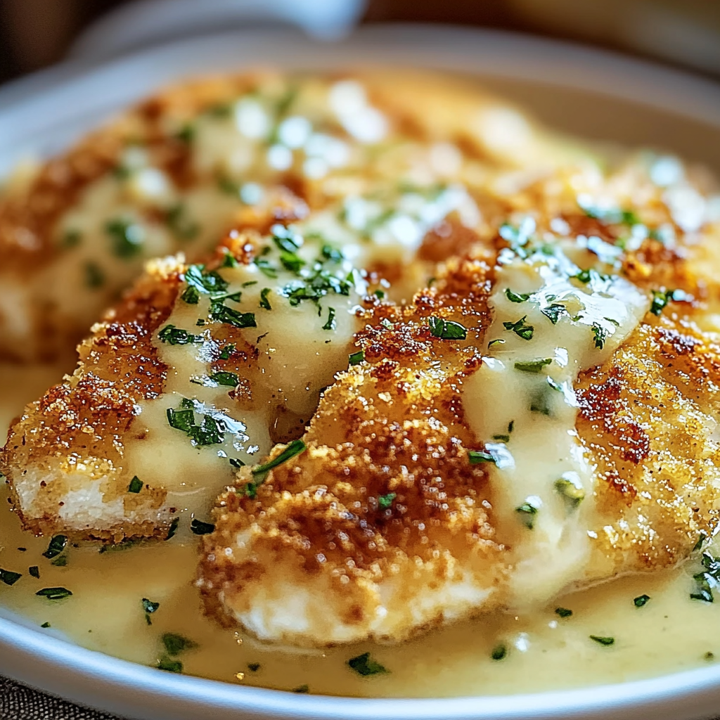 Recipe preparation for Parmesan Crusted Chicken with Creamy Garlic Sauce