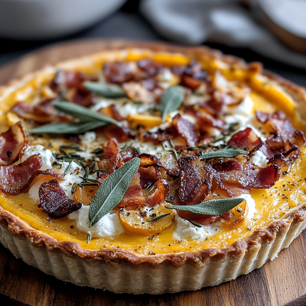 Recipe preparation for Pumpkin, Ricotta & Caramelized Onion Tart with Bacon and Sage