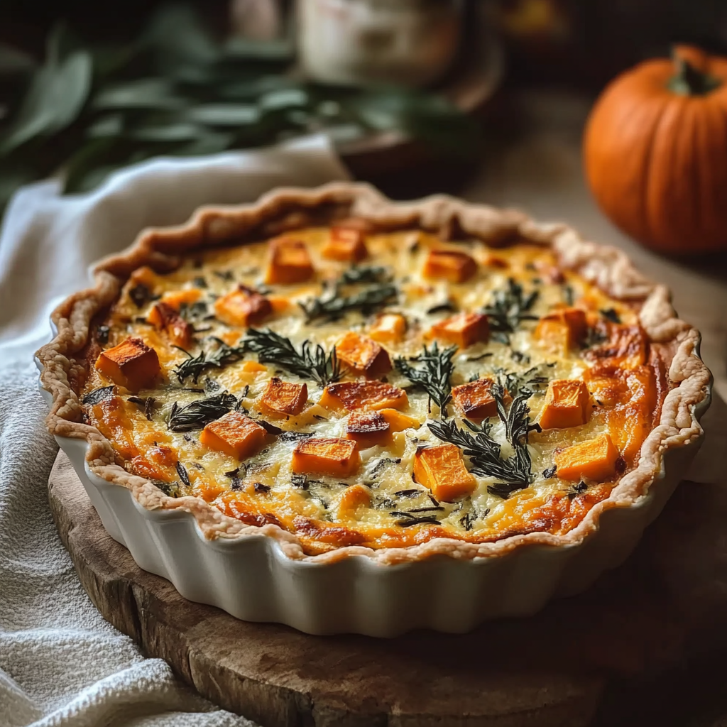 Recipe preparation for Butternut Squash & Sage Quiche – Cozy