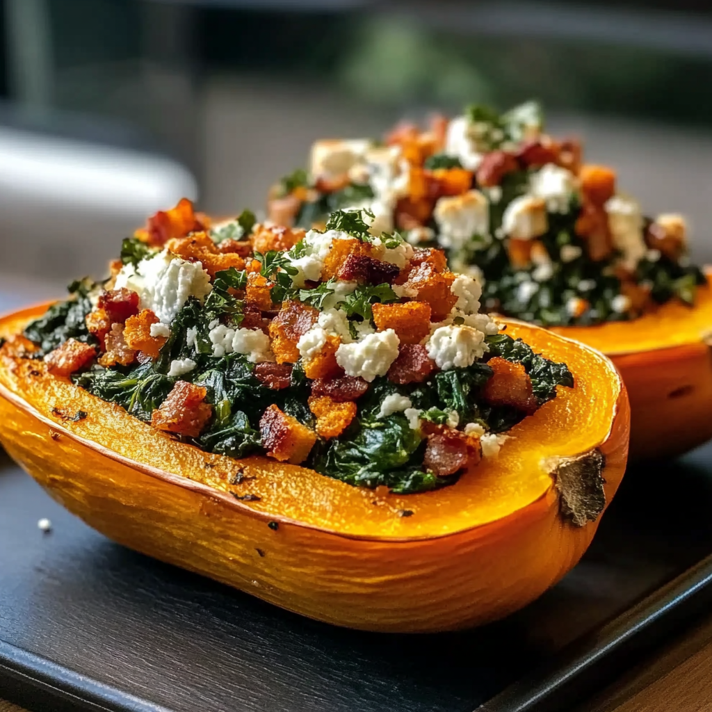 Recipe preparation for Stuffed Butternut Squash with Feta, Spinach & Bacon