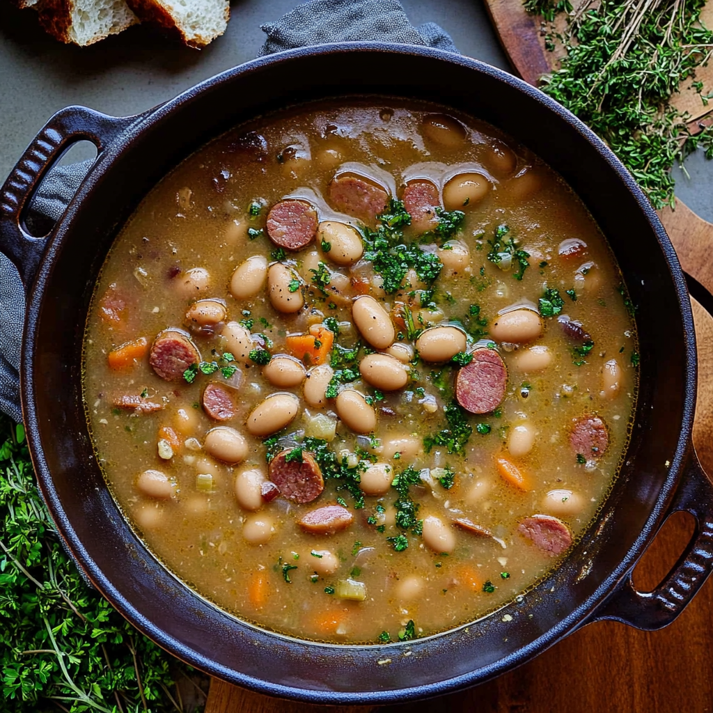 Recipe preparation for Creamy Bean Soup With Kielbasa